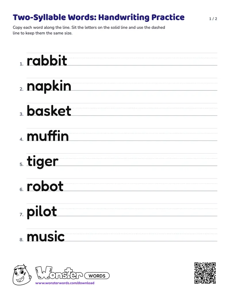 Page 1 of the Two-Syllable Words: Handwriting Practice worksheet (2 pages): 16 words
