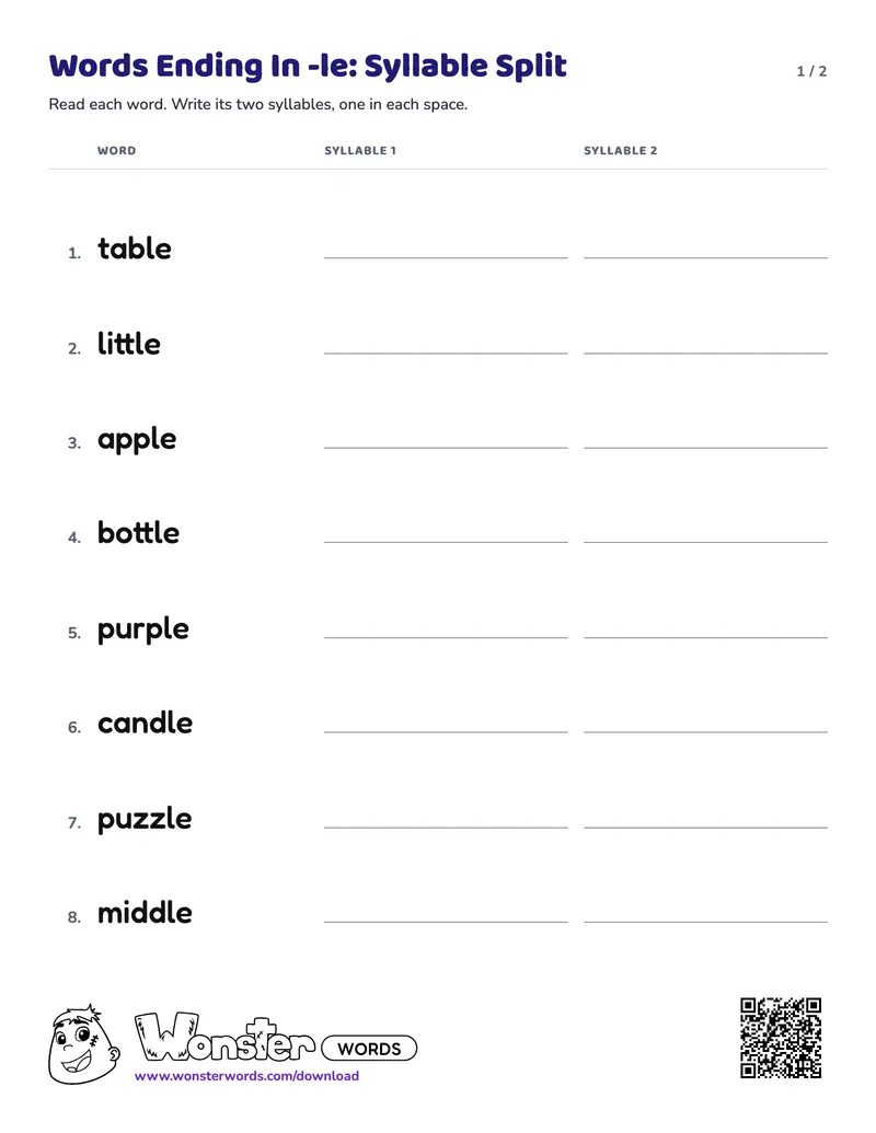 Page 1 of the Words Ending In -le: Syllable Split worksheet (2 pages): 8 words, answer key included
