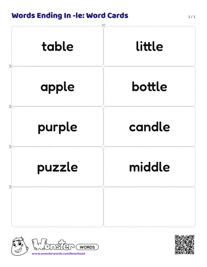 The Words Ending In -le: Word Cards worksheet: 8 cards