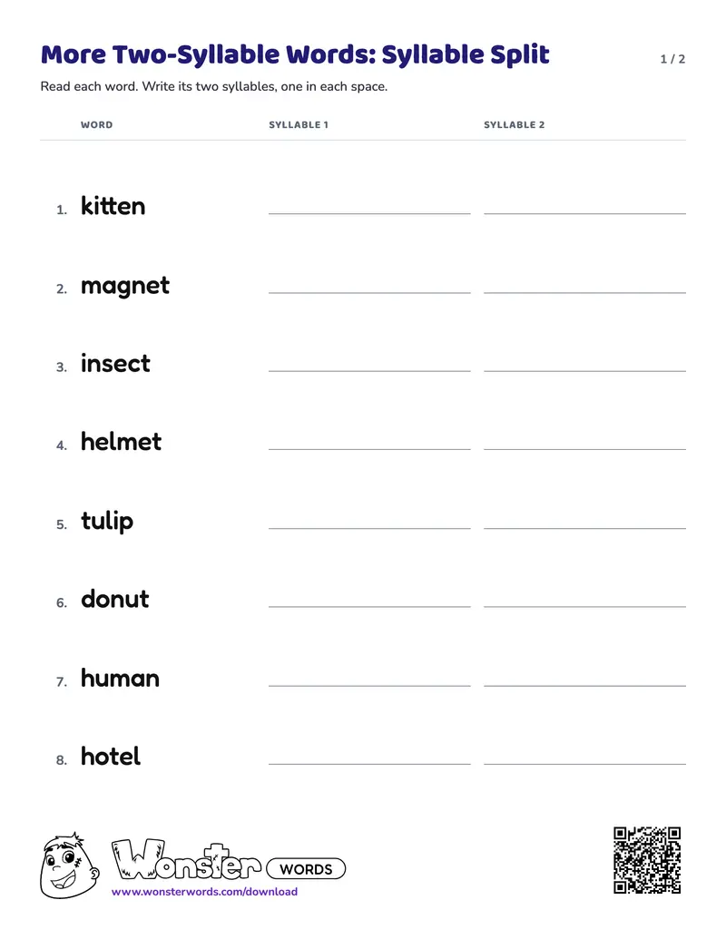 Page 1 of the More Two-Syllable Words: Syllable Split worksheet (2 pages): 8 words, answer key included
