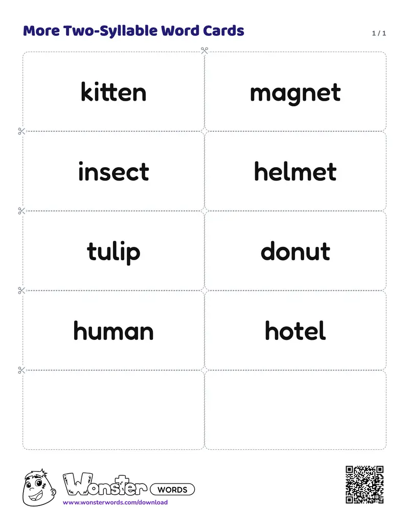 The More Two-Syllable Word Cards worksheet: 8 cards