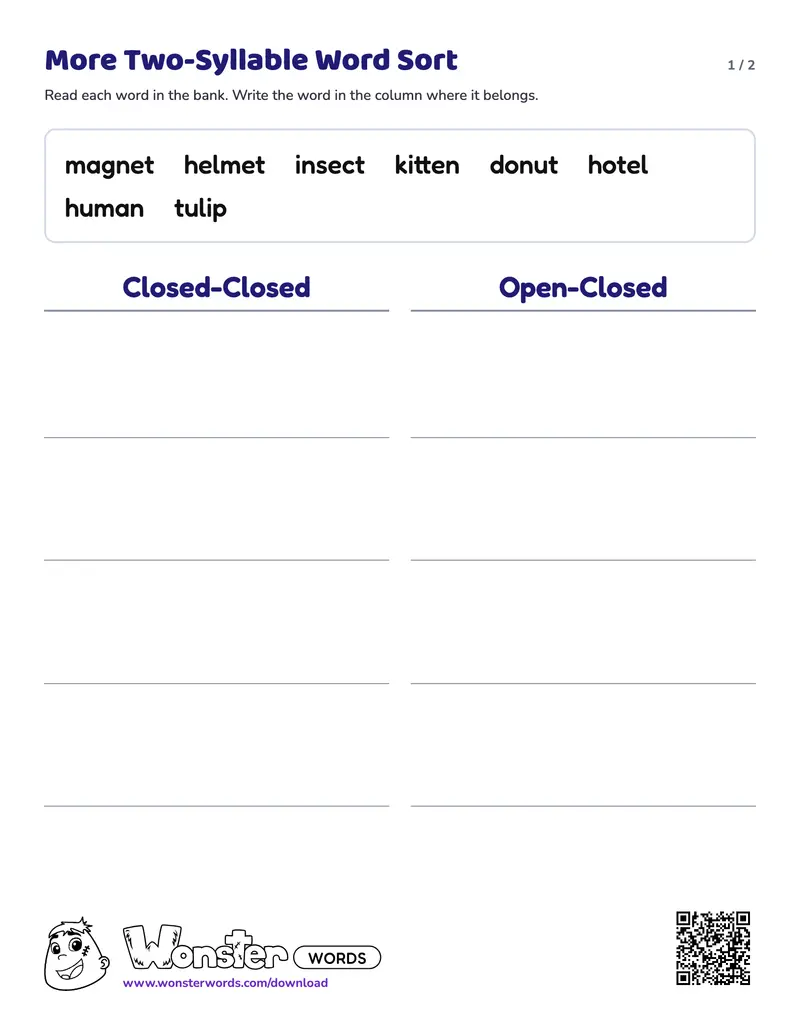 Page 1 of the More Two-Syllable Word Sort worksheet (2 pages): 8 words, answer key included