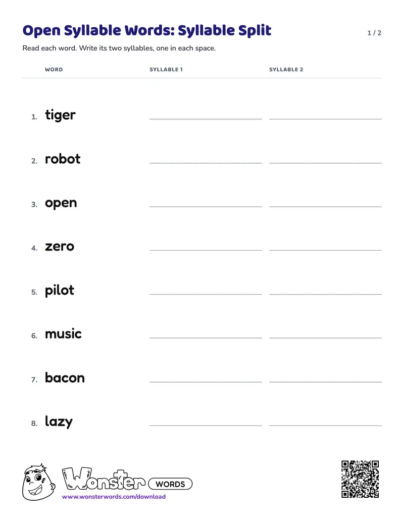 Page 1 of the Open Syllable Words: Syllable Split worksheet (2 pages): 8 words, answer key included