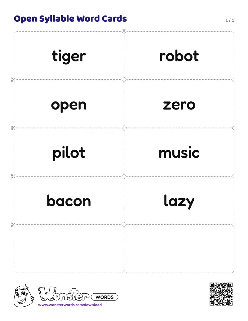 The Open Syllable Word Cards worksheet: 8 cards