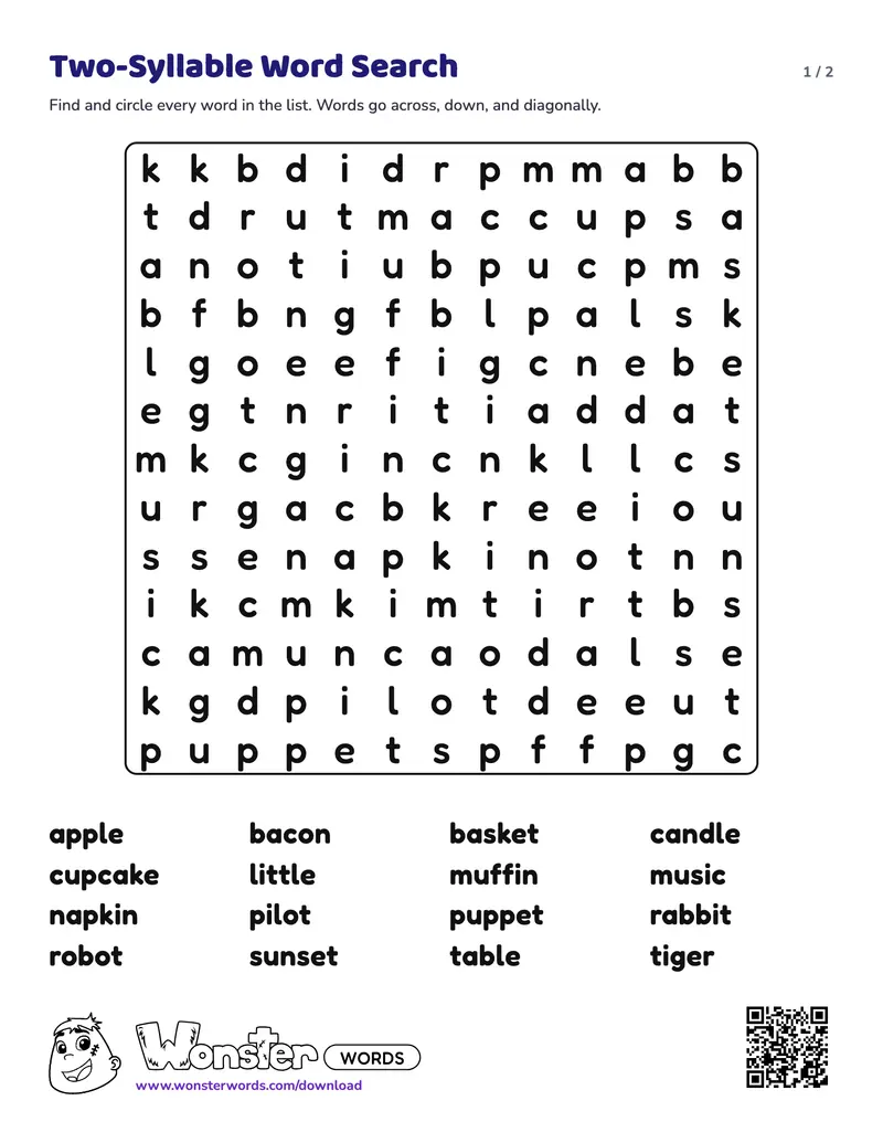 Page 1 of the Two-Syllable Word Search worksheet (2 pages): 16 words, answer key included