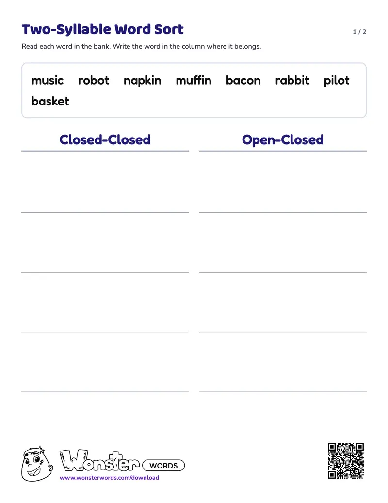 Page 1 of the Two-Syllable Word Sort worksheet (2 pages): 8 words, answer key included