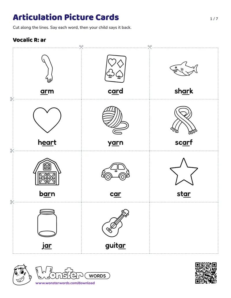 Page 1 of the Articulation Picture Cards worksheet (7 pages): 46 cards for Vocalic R