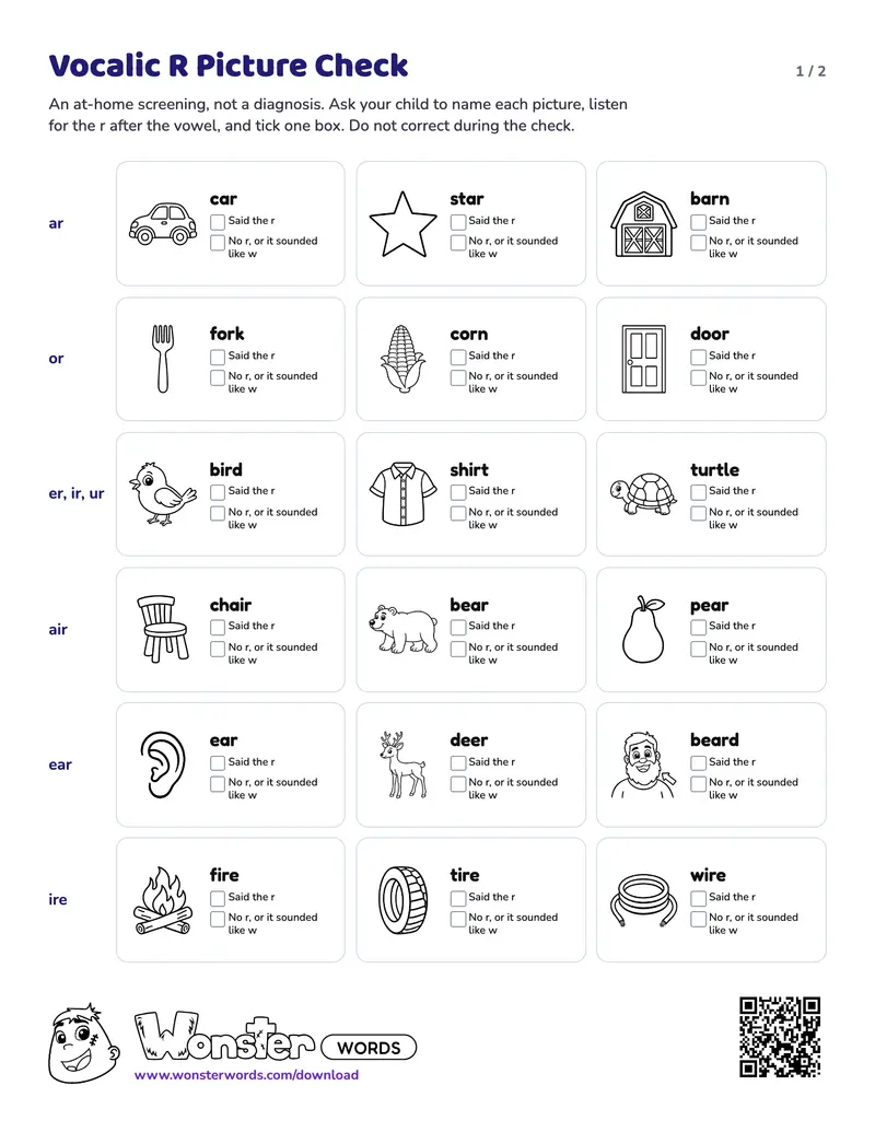Page 1 of the Vocalic R Picture Check worksheet (2 pages): 18 pictures