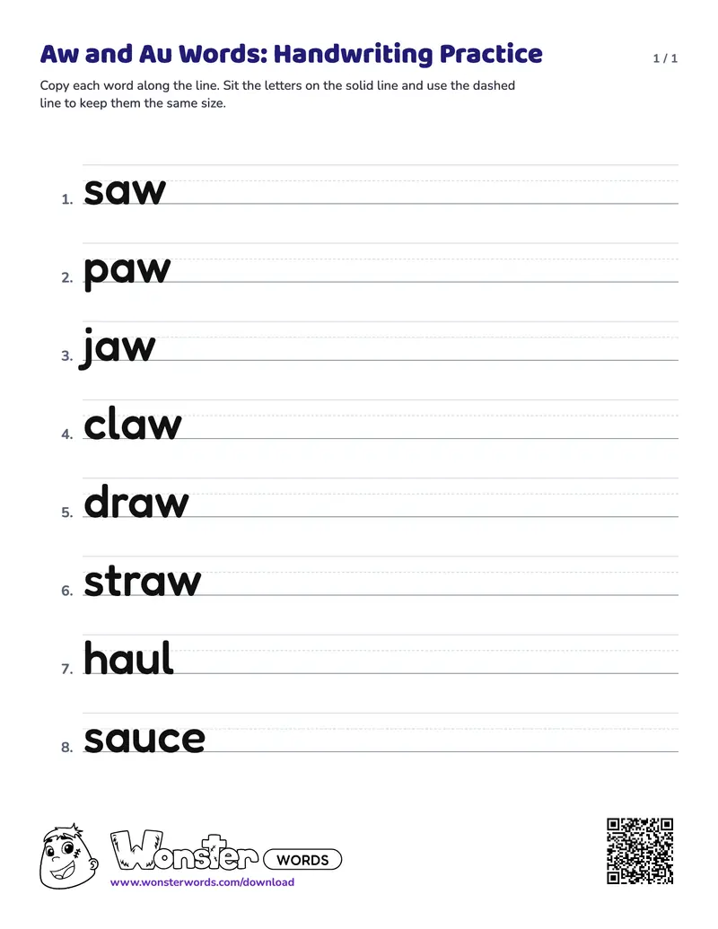 The Aw and Au Words: Handwriting Practice worksheet: 8 words