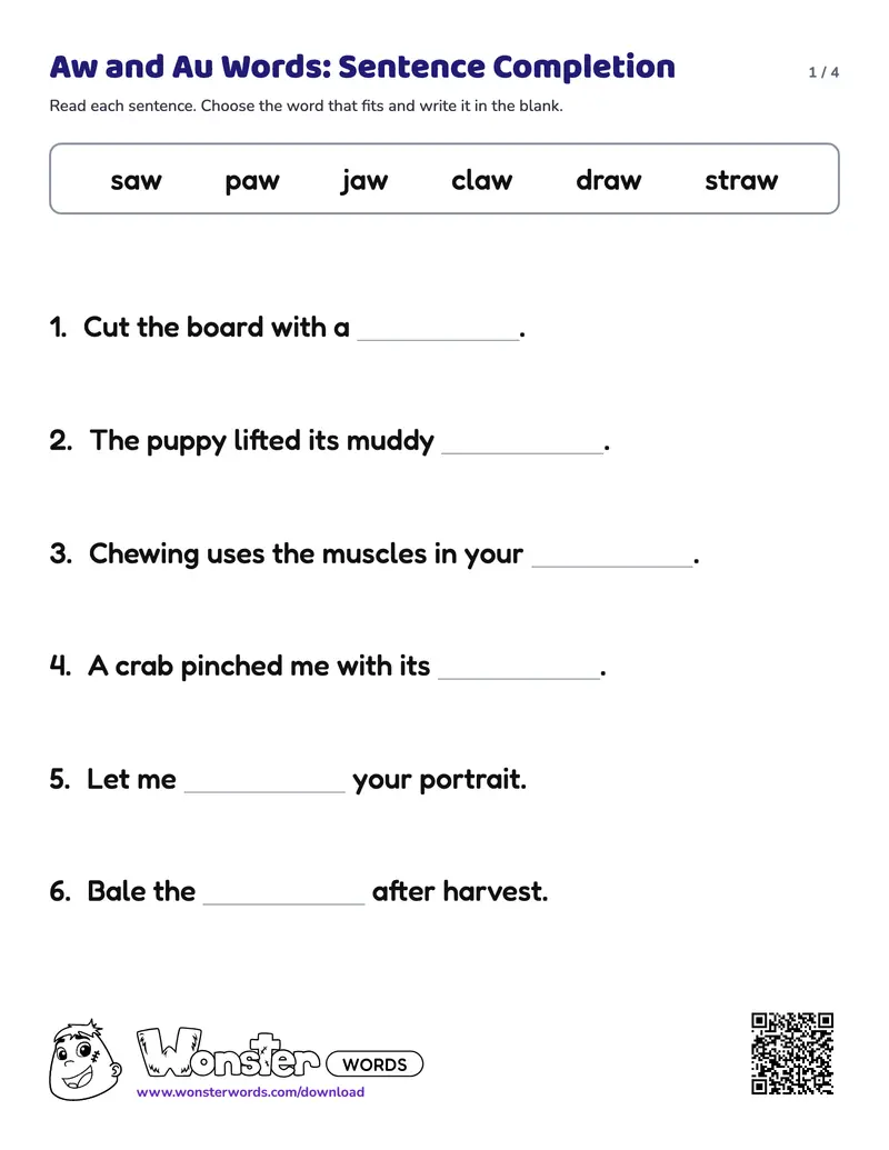 Page 1 of the Aw and Au Words: Sentence Completion worksheet (4 pages): 8 sentences, answer key included