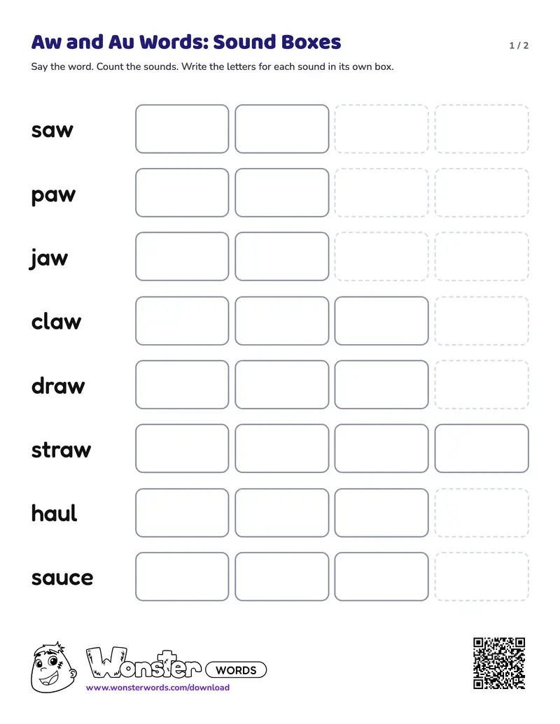Page 1 of the Aw and Au Words: Sound Boxes worksheet (2 pages): 8 words, answer key included