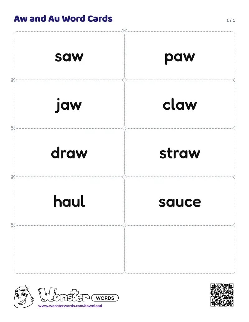 The Aw and Au Word Cards worksheet: 8 cards