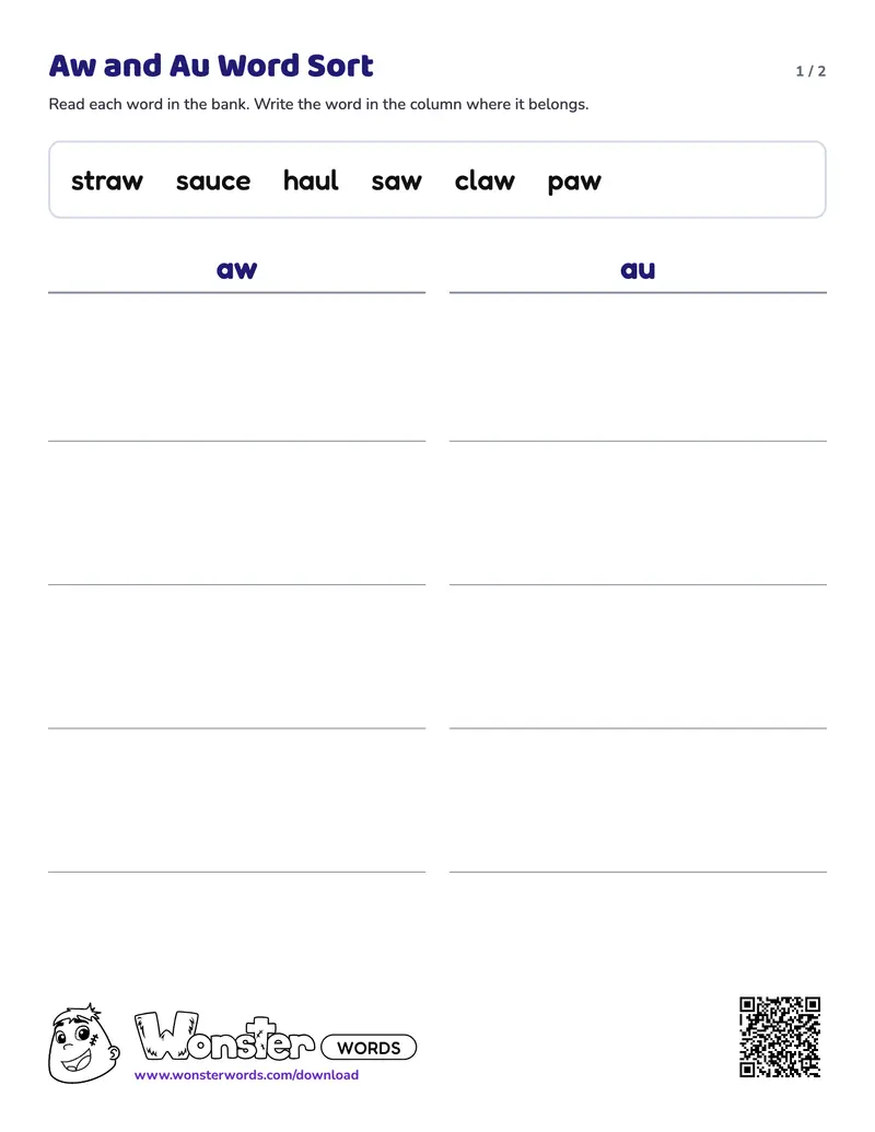 Page 1 of the Aw and Au Word Sort worksheet (2 pages): 6 words, answer key included