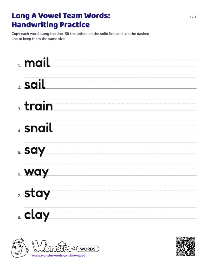 The Long A Vowel Team Words: Handwriting Practice worksheet: 8 words