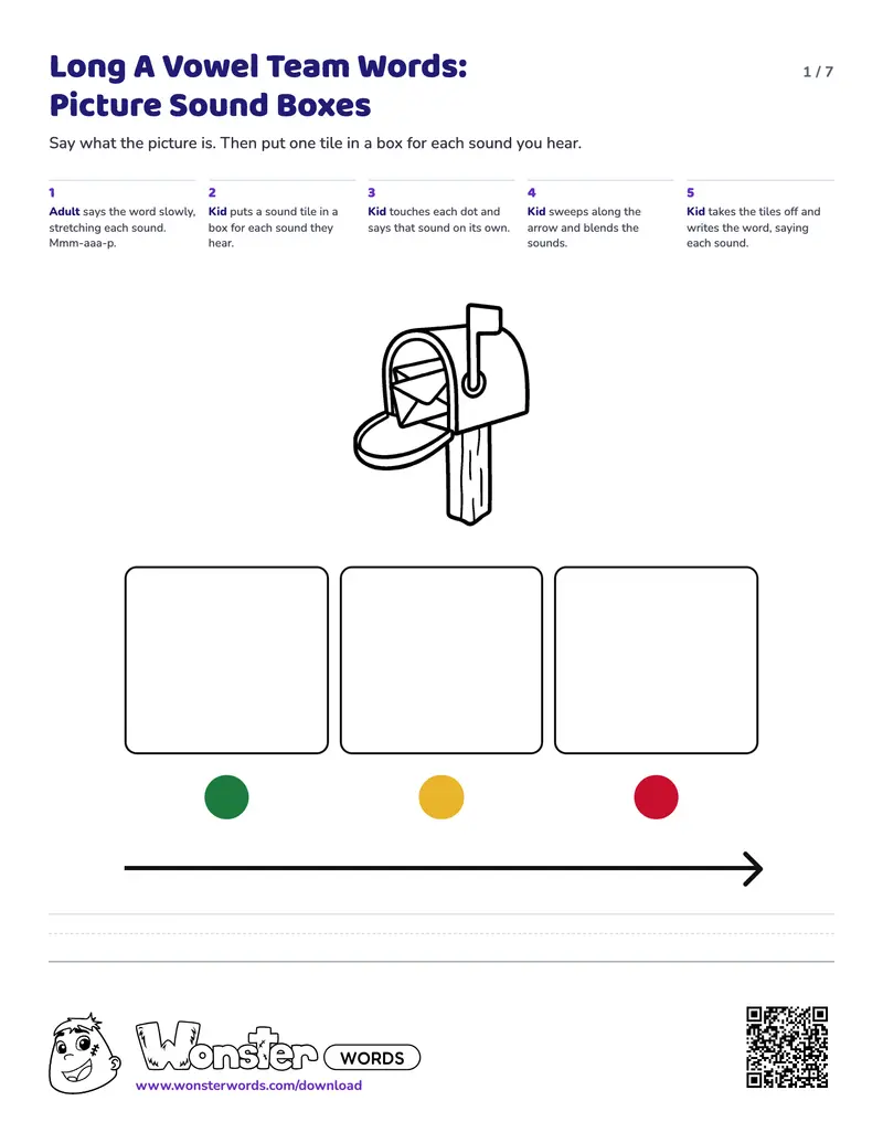 Page 1 of the Long A Vowel Team Words: Picture Sound Boxes worksheet (7 pages): 4 picture mats, answer key included