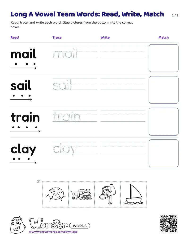 Page 1 of the Long A Vowel Team Words: Read, Write, Match worksheet (2 pages): 4 words, answer key included