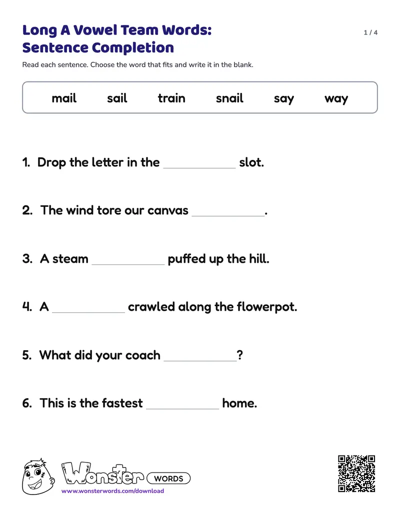 Page 1 of the Long A Vowel Team Words: Sentence Completion worksheet (4 pages): 8 sentences, answer key included