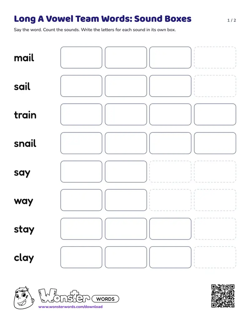 Page 1 of the Long A Vowel Team Words: Sound Boxes worksheet (2 pages): 8 words, answer key included