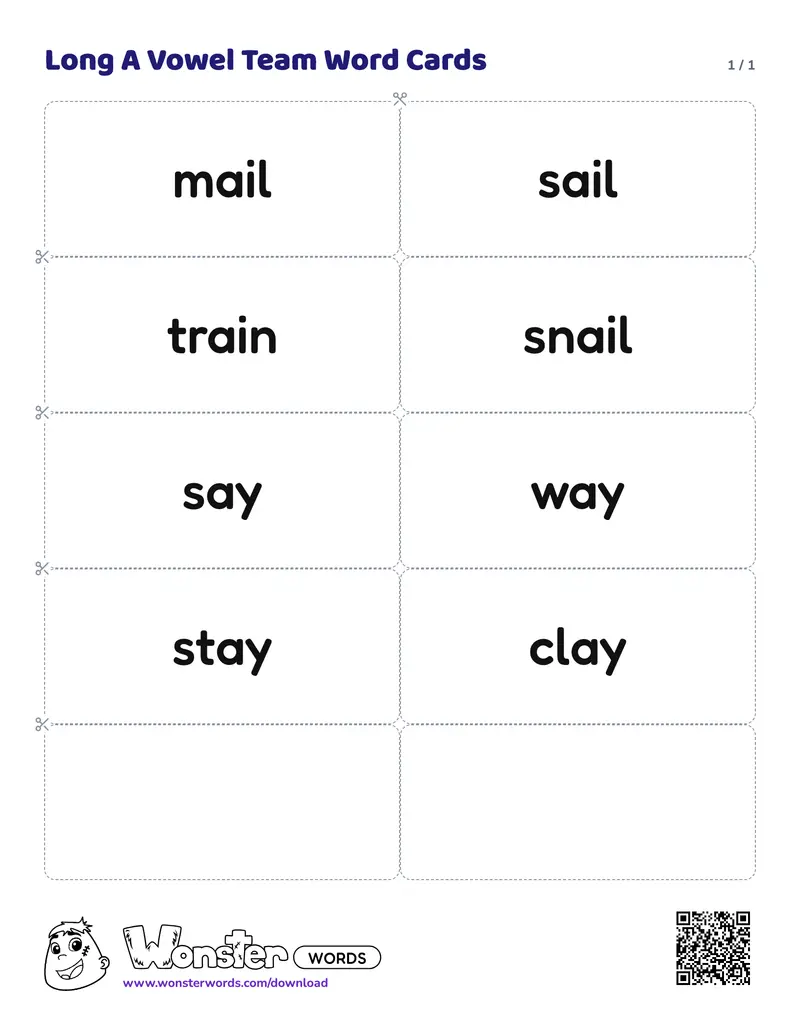 The Long A Vowel Team Word Cards worksheet: 8 cards