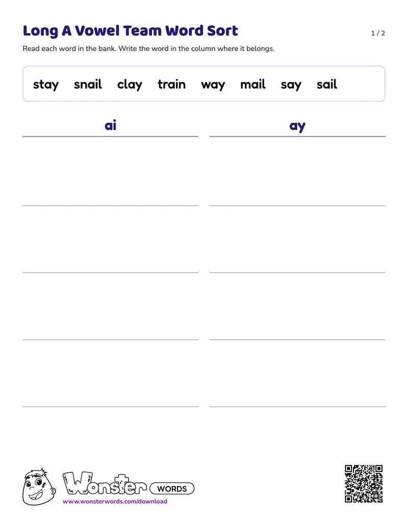 Page 1 of the Long A Vowel Team Word Sort worksheet (2 pages): 8 words, answer key included