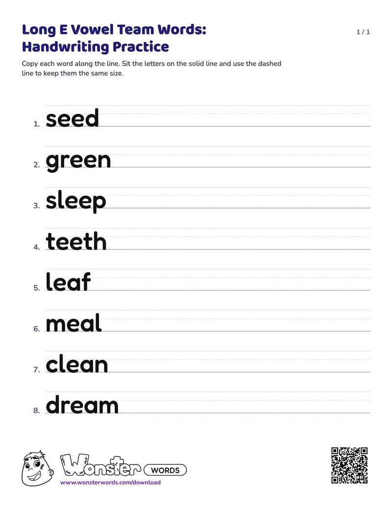 The Long E Vowel Team Words: Handwriting Practice worksheet: 8 words