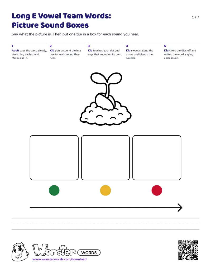 Page 1 of the Long E Vowel Team Words: Picture Sound Boxes worksheet (7 pages): 4 picture mats, answer key included
