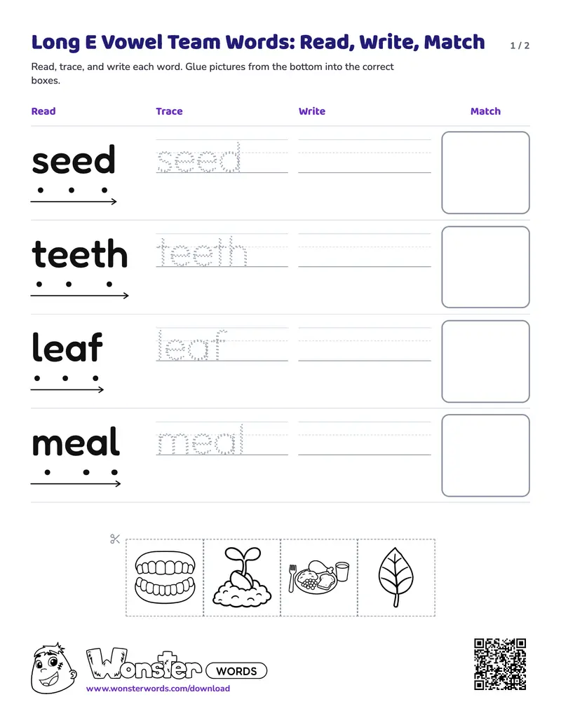 Page 1 of the Long E Vowel Team Words: Read, Write, Match worksheet (2 pages): 4 words, answer key included