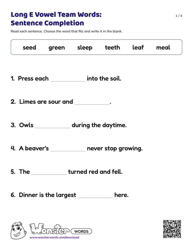Page 1 of the Long E Vowel Team Words: Sentence Completion worksheet (4 pages): 8 sentences, answer key included