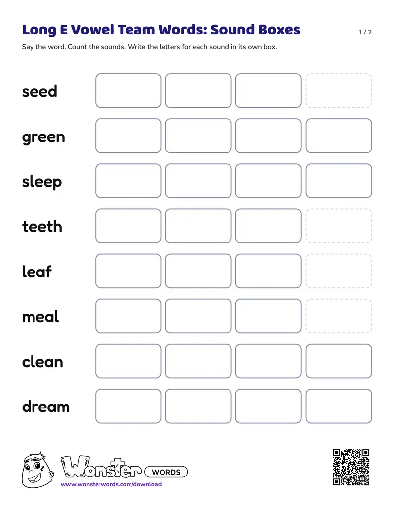 Page 1 of the Long E Vowel Team Words: Sound Boxes worksheet (2 pages): 8 words, answer key included