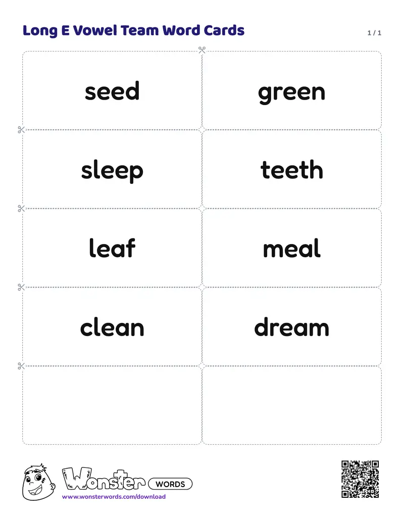 The Long E Vowel Team Word Cards worksheet: 8 cards