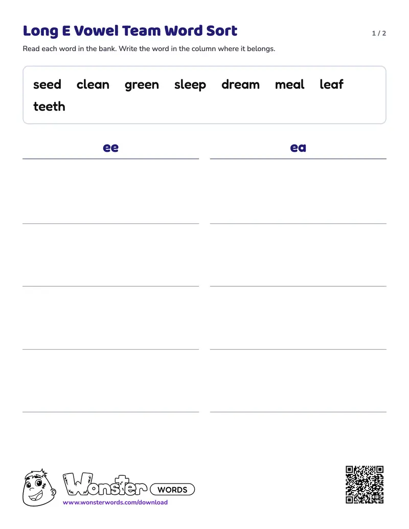 Page 1 of the Long E Vowel Team Word Sort worksheet (2 pages): 8 words, answer key included