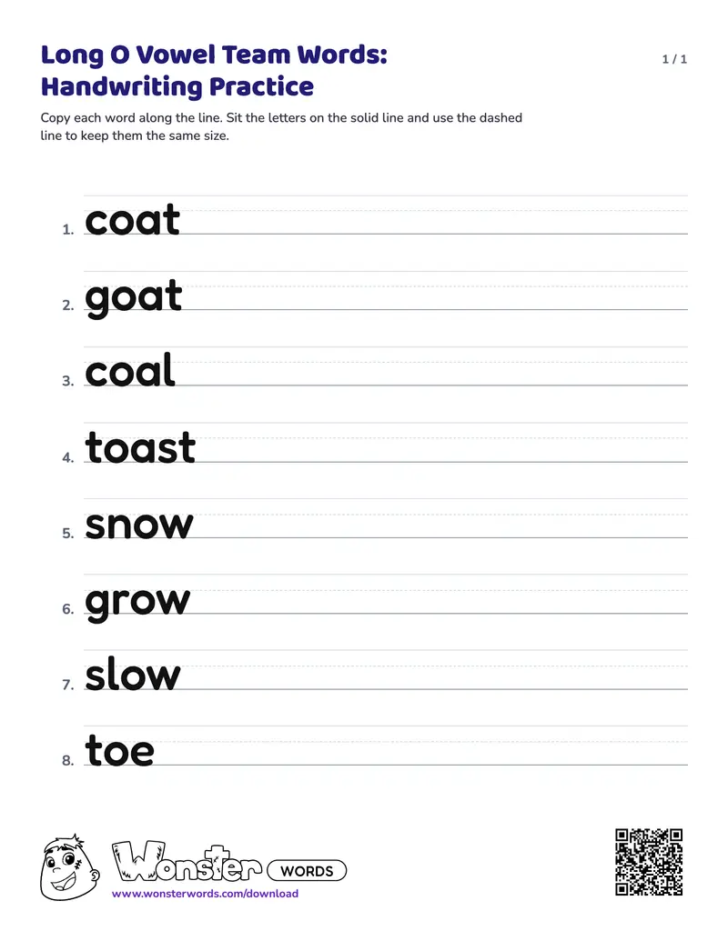 The Long O Vowel Team Words: Handwriting Practice worksheet: 8 words