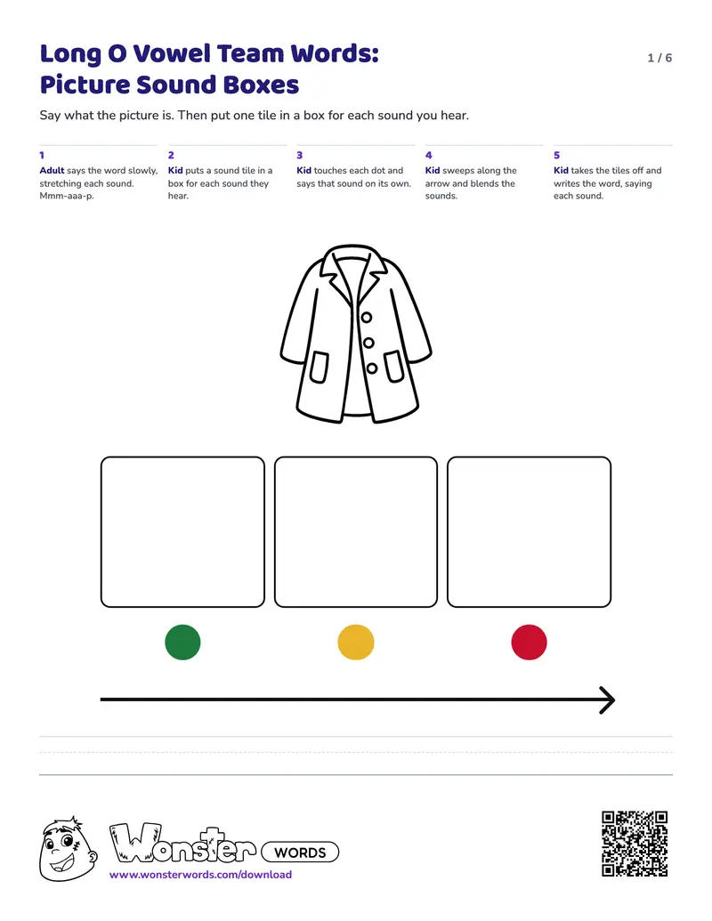 Page 1 of the Long O Vowel Team Words: Picture Sound Boxes worksheet (6 pages): 3 picture mats, answer key included
