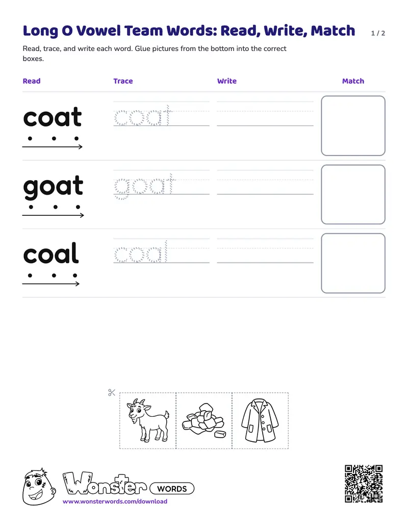 Page 1 of the Long O Vowel Team Words: Read, Write, Match worksheet (2 pages): 3 words, answer key included