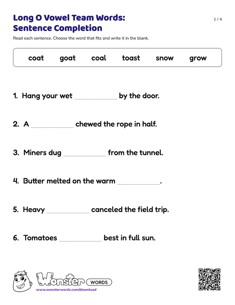Page 1 of the Long O Vowel Team Words: Sentence Completion worksheet (4 pages): 8 sentences, answer key included