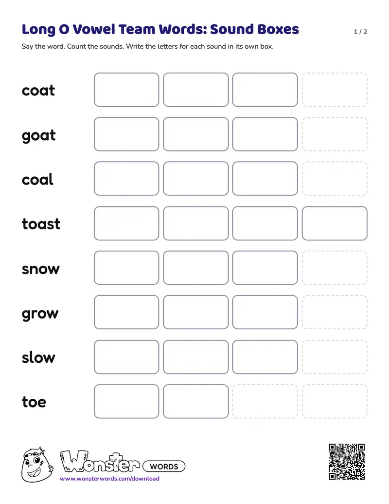 Page 1 of the Long O Vowel Team Words: Sound Boxes worksheet (2 pages): 8 words, answer key included