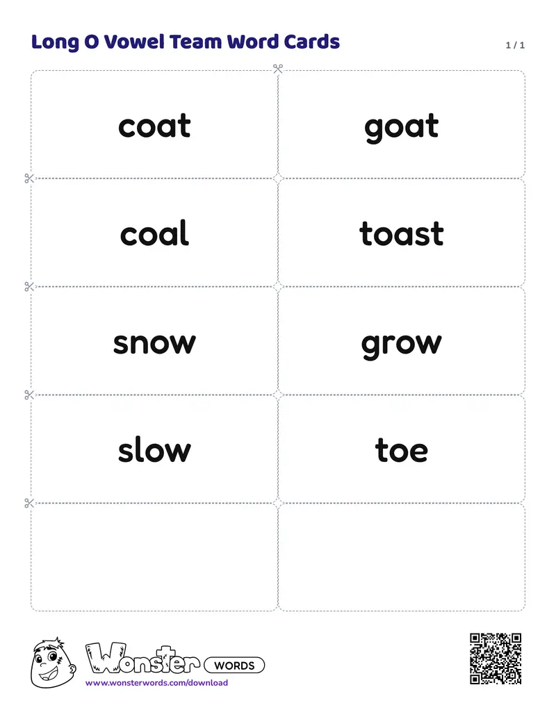 The Long O Vowel Team Word Cards worksheet: 8 cards