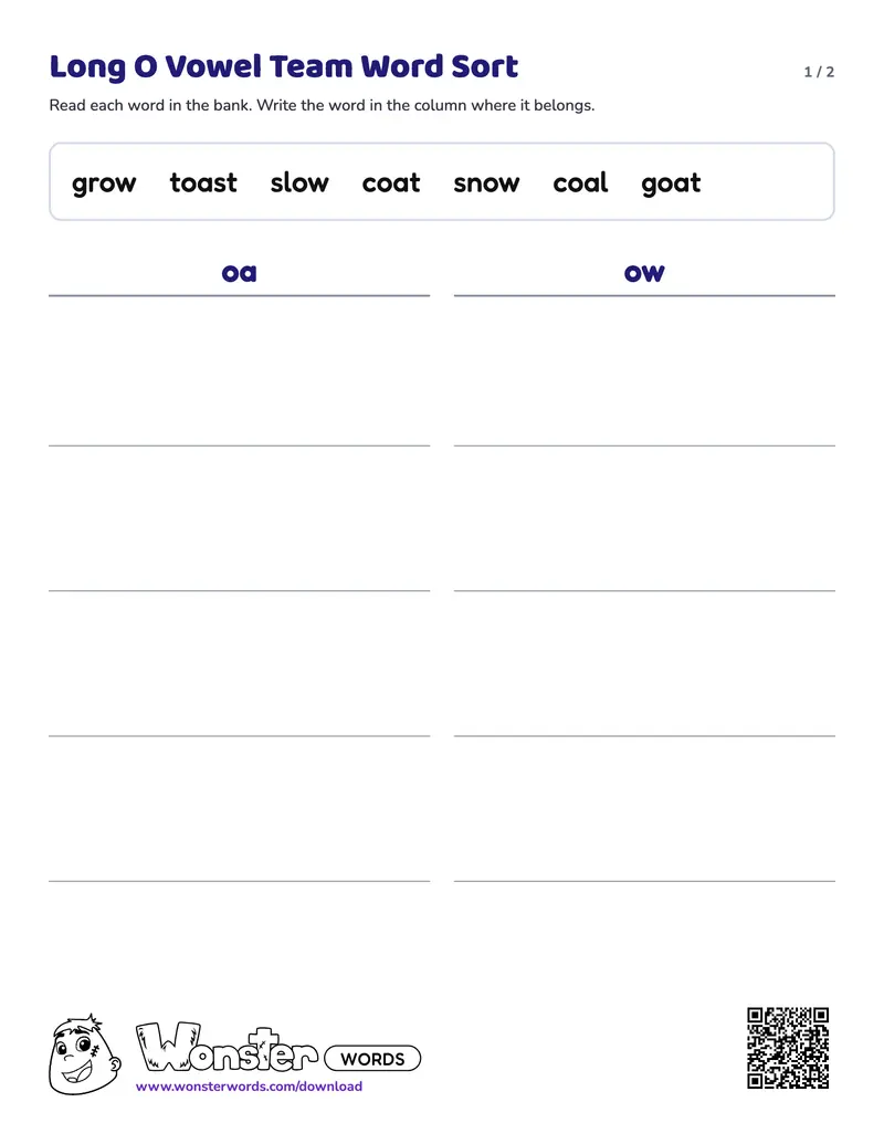 Page 1 of the Long O Vowel Team Word Sort worksheet (2 pages): 7 words, answer key included