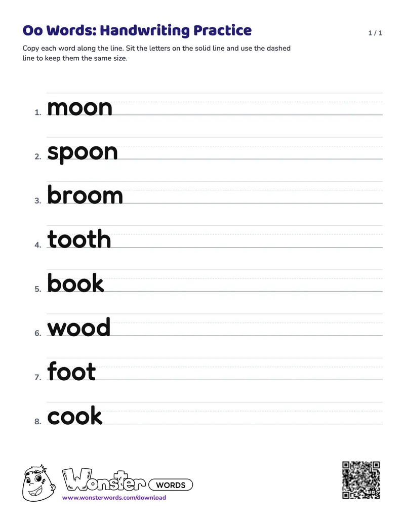 The Oo Words: Handwriting Practice worksheet: 8 words