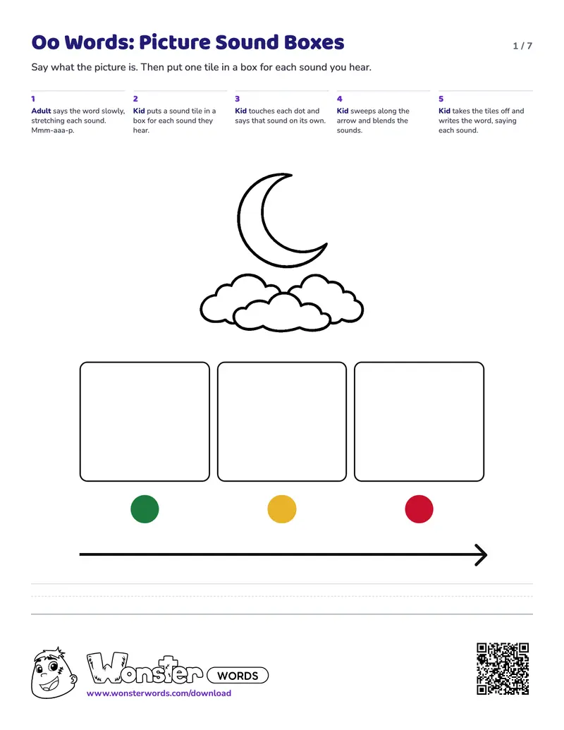 Page 1 of the Oo Words: Picture Sound Boxes worksheet (7 pages): 4 picture mats, answer key included