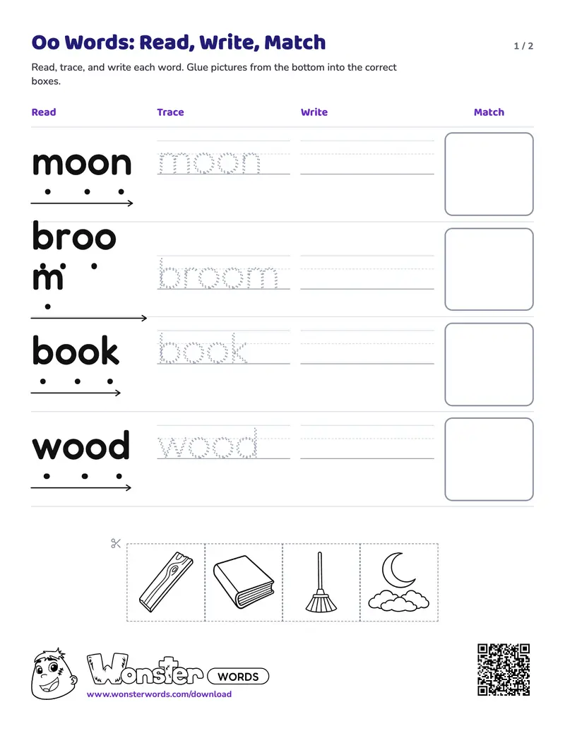 Page 1 of the Oo Words: Read, Write, Match worksheet (2 pages): 4 words, answer key included