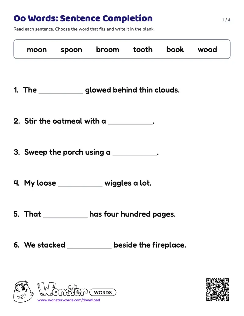 Page 1 of the Oo Words: Sentence Completion worksheet (4 pages): 8 sentences, answer key included