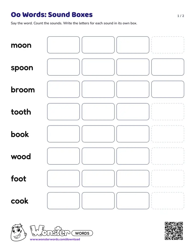 Page 1 of the Oo Words: Sound Boxes worksheet (2 pages): 8 words, answer key included