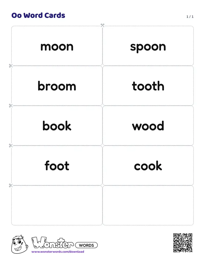 The Oo Word Cards worksheet: 8 cards