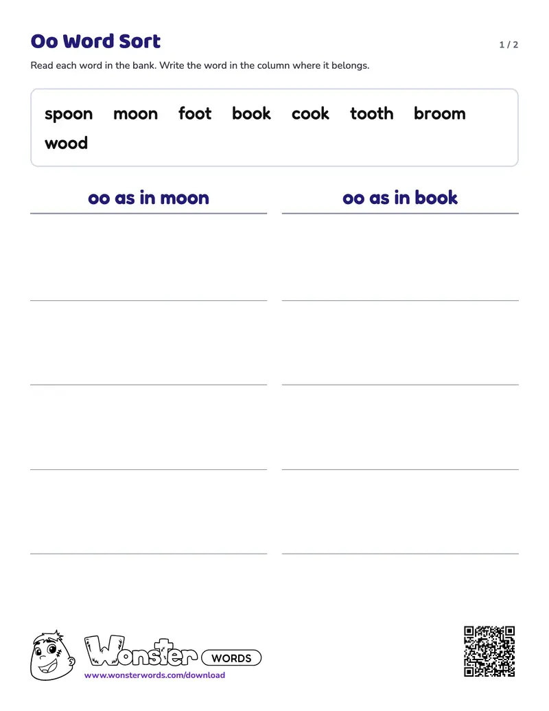 Page 1 of the Oo Word Sort worksheet (2 pages): 8 words, answer key included