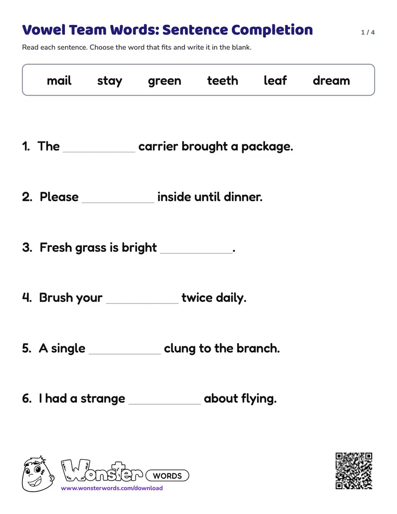 Page 1 of the Vowel Team Words: Sentence Completion worksheet (4 pages): 12 sentences, answer key included