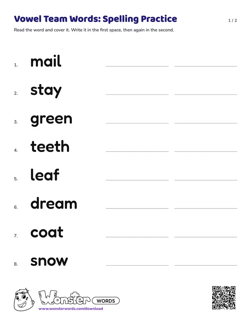 Page 1 of the Vowel Team Words: Spelling Practice worksheet (2 pages): 12 words