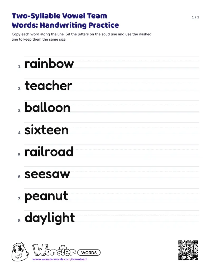 The Two-Syllable Vowel Team Words: Handwriting Practice worksheet: 8 words