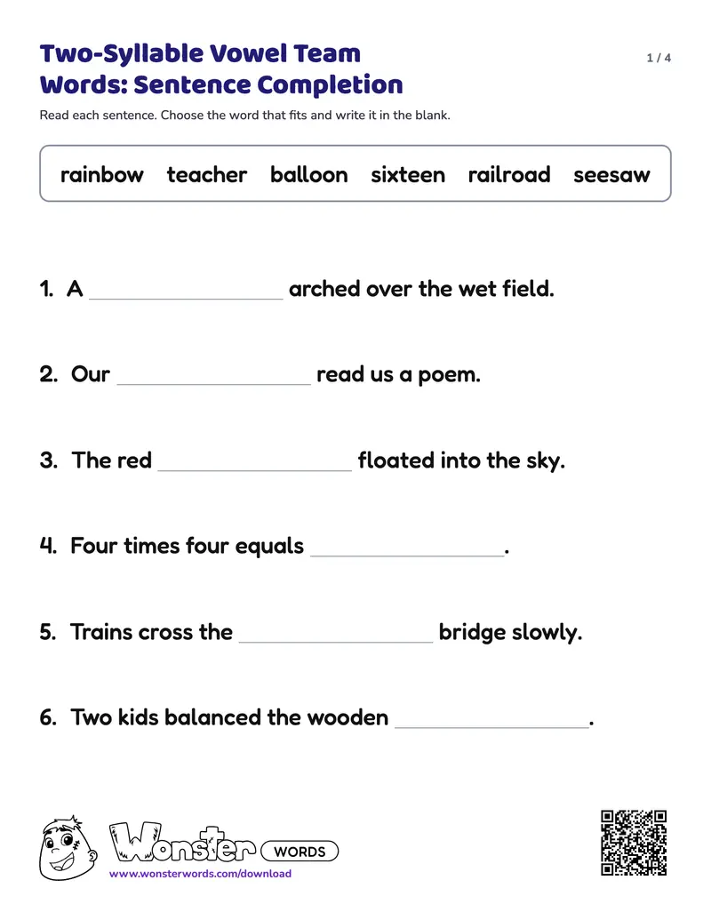 Page 1 of the Two-Syllable Vowel Team Words: Sentence Completion worksheet (4 pages): 8 sentences, answer key included