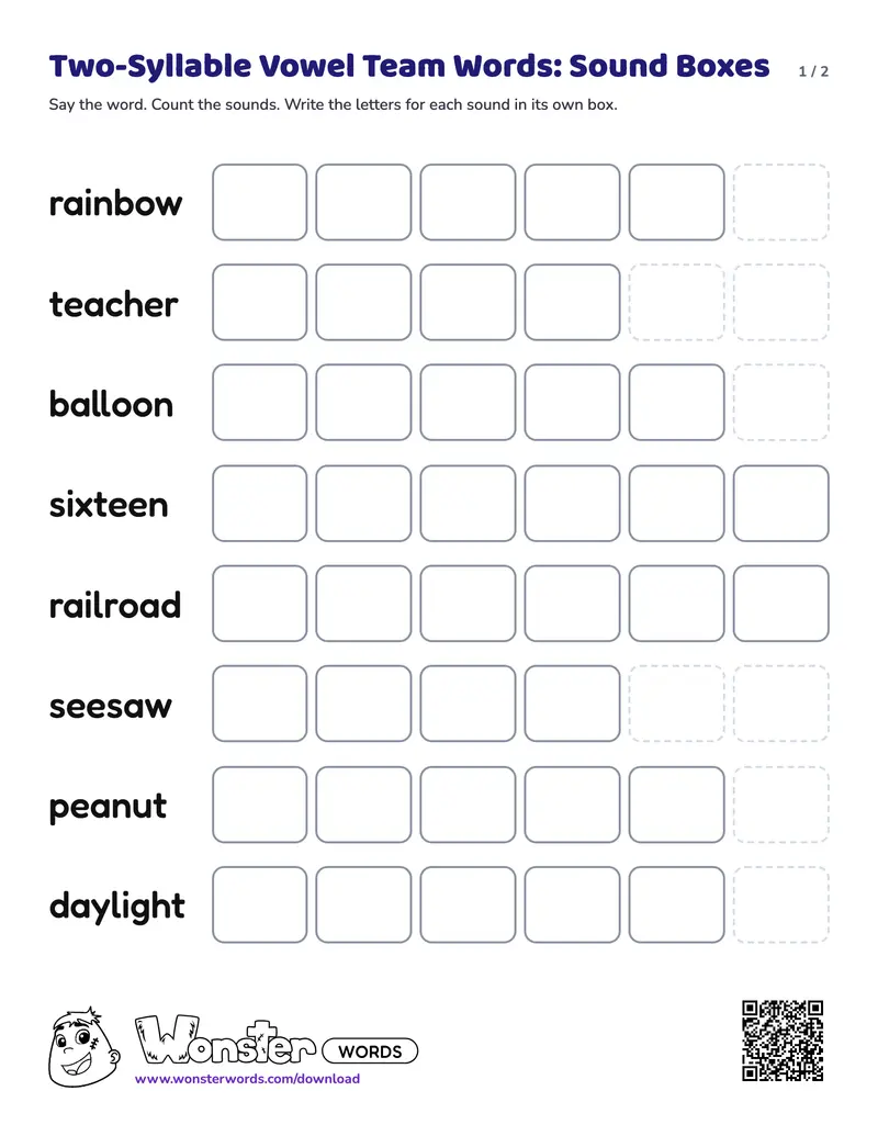 Page 1 of the Two-Syllable Vowel Team Words: Sound Boxes worksheet (2 pages): 8 words, answer key included